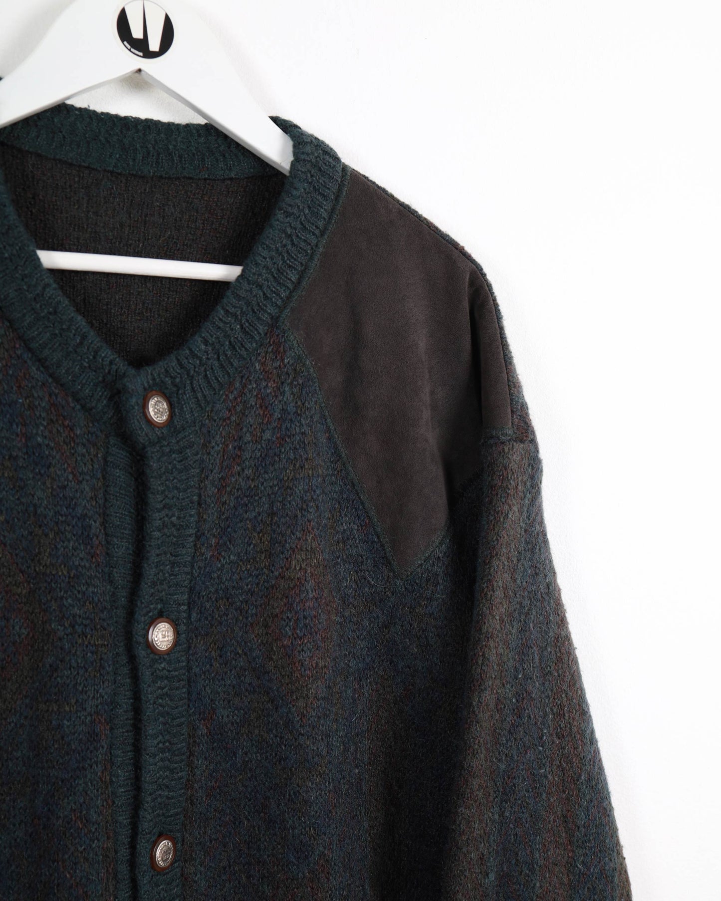 Cardigan Vintage Wool Button Shoulder Suede