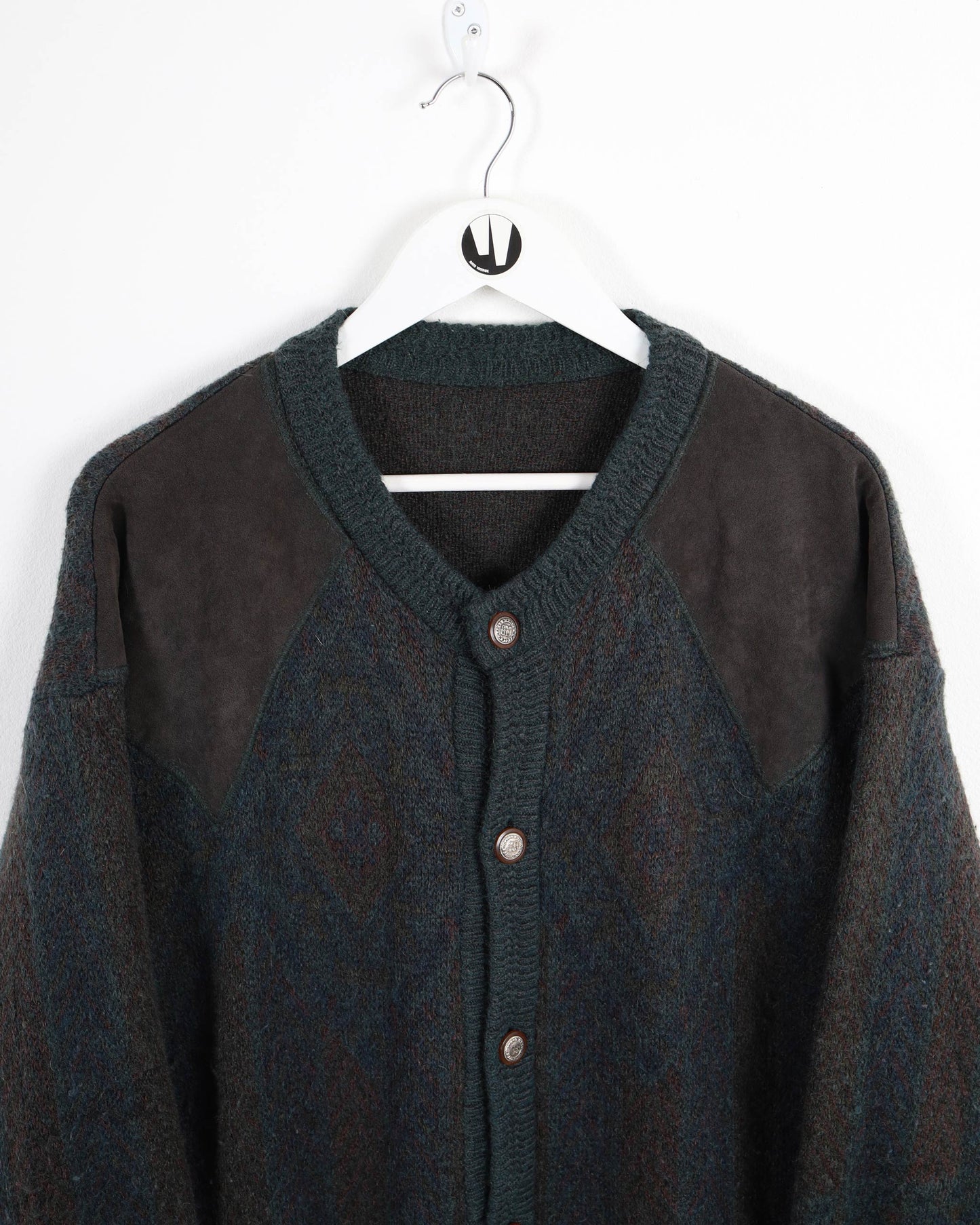 Cardigan Vintage Wool Button Shoulder Suede