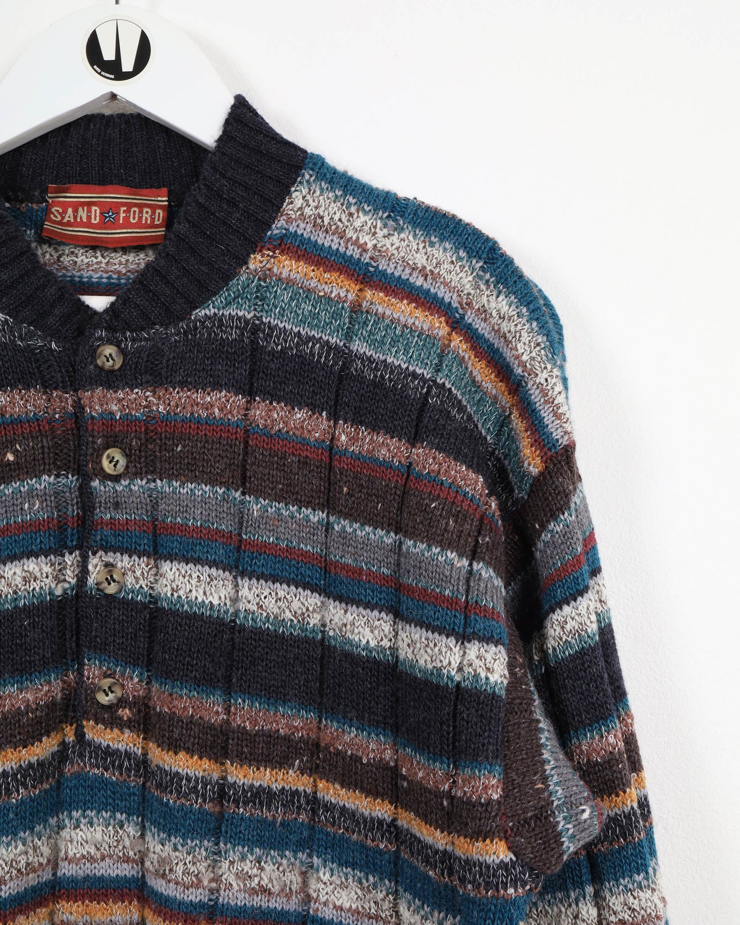 Maglione in lana lavorato a maglia a righe a righe con collo a ¼ Ford color sabbia vintage